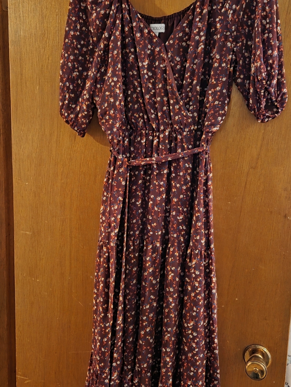 Luxology Wine Floral Wrap Maxi Dress with Pink and Cream Accents